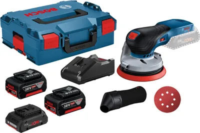 Zdjęcie produktu dla Akumulatorowa szlifierka oscylacyjna Bosch GEX 18V-125 / 1x akumulator 4,0 Ah + 1x akumulator 4,0 Ah ProCORE18V + 1x akumulator 5,0 Ah + ładowarka w L-Boxx