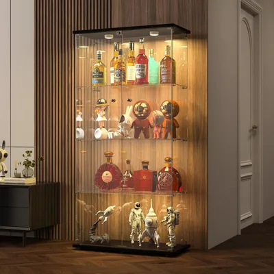 Immagine prodotto di Vetrina espositiva con illuminazione a LED, 4 ripiani in vetro, 2 porte con serratura, dimensioni 164x80x36 cm, colore nero