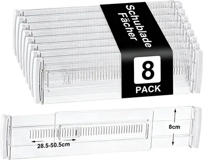 Produktbild von Verstellbare Schubladen-Trenner aus Kunststoff – Set mit 8 Stück – Transparente Ordnungssysteme für Schubladen, geeignet für Küche und Schränke