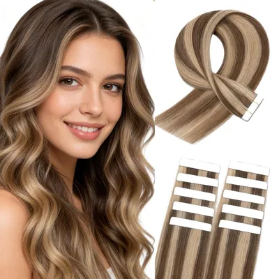 Image de Solidchoice - Extensions adhésives pour cheveux - 10 pièces, 40 cm, brun moyen/blond foncé
