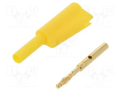 Immagine prodotto di 1 connettore a banana da 2 mm, giallo, per 30 VAC, 60 VDC, 10 A. Collegamento: saldatura. Modello: FCR7366Y. Connettore a banana