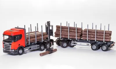 Zdjęcie produktu dla Emek 71605 Scania R450 6x4 transporter drewna czerwony z żurawiem kabinowym i przyczepą