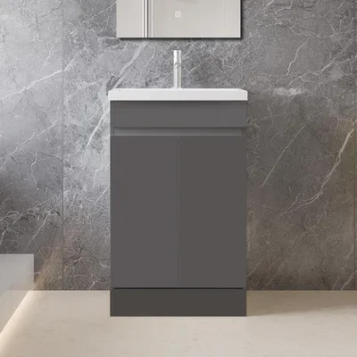 Produktbild von 50cm Badmöbel-Set Standschrank Mineralguss waschtisch mit Unterschrank Badezimmerschrank mit Tür soft-close Anthrazit Matt Selbstmontierter