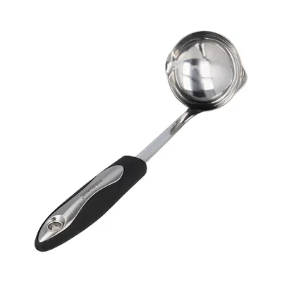 Produktbild von Suppenschöpfer EUROHOME Suppenkelle & Soßenschöpfer aus Edelstahl mit schwarzem Kunststoffgriff, der Suppenlöffel ist spülmaschinengeeignet 32 cm