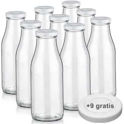 Produktbild von Milchflaschen 0,5L Smoothie Saft Flaschen 500ml leere Glasflaschen Deckel BPA frei, 9 Milchflaschen mit 18 Deckeln