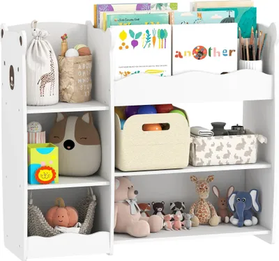Image de Étagère à jouets pour enfants - Rangement pour jouets - Étagères ouvertes - Plusieurs compartiments - Motif ours - Bois - Blanc