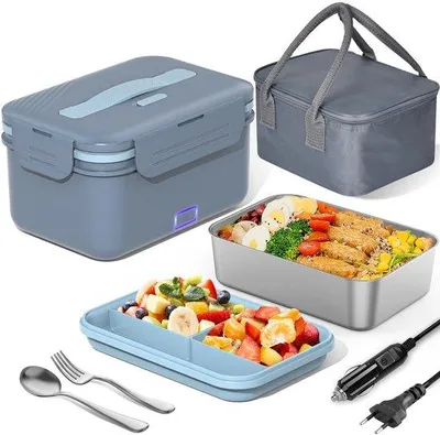 Obrázek produktu pro Elektrická termoobědová krabička 3 v 1, 12/24/220 V, velká, objem 1,8 litru, izolovaná, s příborem, nepropustná, do auta, do kamionu, do kanceláře