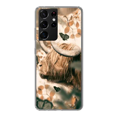 Produktbild von MuchoWow® Handyhülle Schutzhülle Hülle für Samsung Galaxy S21 Ultra Schottische Highlander - Schmetterlinge - Blätter Silikon Softcase Handy Hülle - Mobiltelefon
