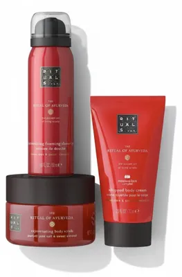 Zdjęcie produktu dla Pieniący się żel pod prysznic 50ml/Peeling do ciała 125g/Krem do ciała 70ml Zestaw próbny Rituals Ayurveda