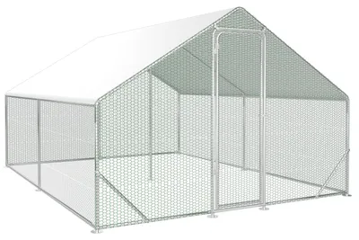 Immagine prodotto di Recinto esterno per galline Ikodm, dimensioni 3 x 4 x 2 metri, superficie di 12 m², tetto a spiovente, struttura in acciaio zincato da 25 mm, rete in plastica verde e telo protettivo in polietilene bianco