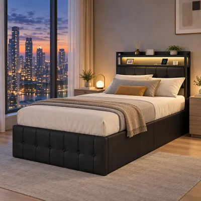 Imagen del producto de Cama con somier INONEFT, tapizada, 90x200 cm, cama juvenil individual con cajón, estructura de cama con somier, cama con sistema hidráulico, terciopelo, color negro