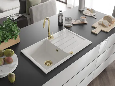 Image de Mexen Bruno Evier 1 cuve en granit avec égouttoir 795 x 495 mm, blanc, siphon Gold - 6513791010-20-G