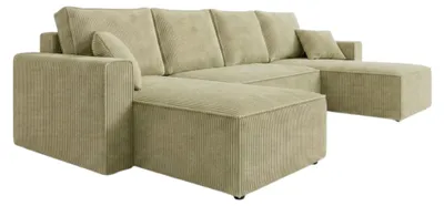 Produktbild von AMBER U Ecksofa U-Form 305x140 cm Cord Schlafsofa Bettkasten Wohnlandschaft links rechts Hellolivia / Sage PetFriendly