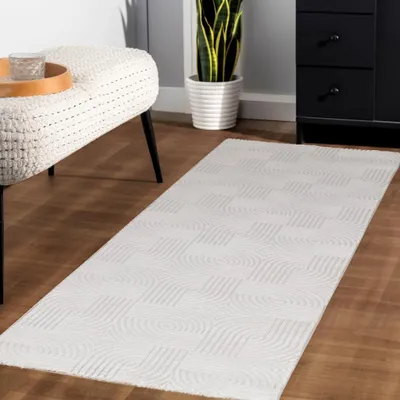 Image de Tapis Kurzflor, design 3D, couleur crème, pour salon, forme rectangulaire, dimensions 80 x 250 cm