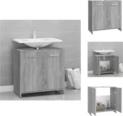 A collage of images showing a gray wooden bathroom cabinet with a sink, and close-ups of its interior and exterior.