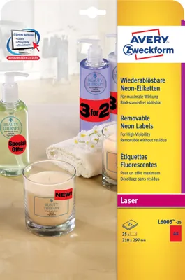Obrázok produktu pre Avery Zweckform L6005-25 Etikety v špeciálnych farbách, 210 x 297 mm, 25 listov/25 etikiet, neónovo červená
