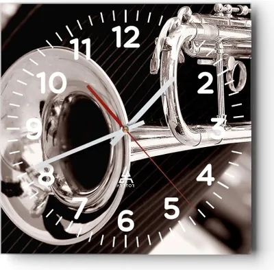 Produktbild von Wanduhr - Quadrat - Glasuhr - Musik Trompete Instrument Orchester - 30x30cm - Schleichendes Uhrwerk - Lautlos - zum Aufhängen bereit - Dekoration Modern - Wanddekoration aus Glas - C4AC30x30-1553