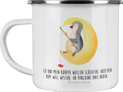 Produktbild von Mr. & Mrs. Panda Emaille Tasse Pinguin Mond - Weiß - Geschenk, Kaffeepott, Reisebecher, Pinguine, schlafen, Neugierig, Spruch, Angel, Teetasse, Becher, Pott