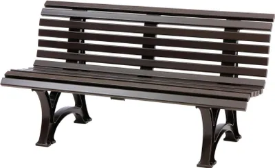 A dark brown park bench is shown against a white background.