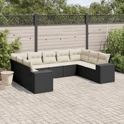 Produktbild von Design 9-tlg. Garten-Sofagarnitur mit Kissen Schwarz Poly Rattan, Gartenmöbel-Sets 2024 Neu