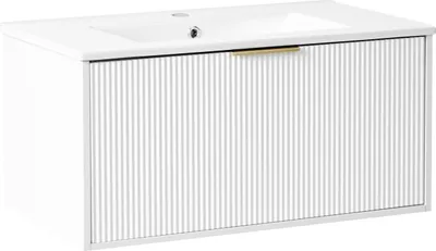 Obrázek produktu pro BELIANI Koupelnová závěsná skříňka bílá dřevotříska keramické umyvadlo 80 cm zlatá úchytka moderní design