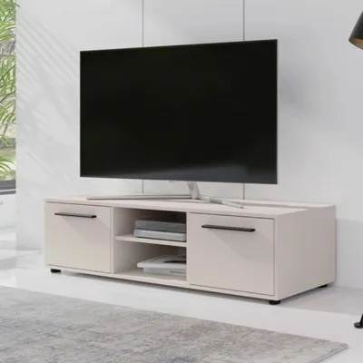 Obrázek produktu pro Modena TV lowboard 150 cm - moderní TV podstavec s úložnými skříňkami a otevřenou přihrádkou, funkční kus nábytku pro obývací pokoje a TV prostory (kašmír)