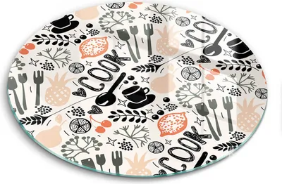 Zdjęcie produktu dla Szklana deska do krojenia - Deska kuchenna - ⌀40 cm – Szkło hartowane – Antypoślizgowa - Rysunkowy Motyw Kuchenny