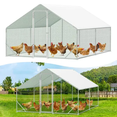 Image de Voliaire pour poules Ikodm, dimensions 3 x 4 x 2 mètres, surface de 12 m², toit en pente, tubes galvanisés de 25 mm, clôture en fil de fer PVC vert et bâche de protection en polyéthylène blanc avec protection UV