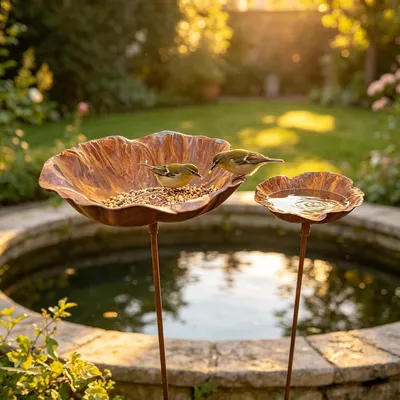 Produktbild von Vintage-Gartendekoration mit Regenfänger und Insektentränke, rostfarbener Gartenstecker aus Metall für den Außenbereich, Naturrost, Eisen (D)