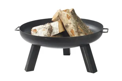A black metal fire pit filled with logs, shown on a white background.
