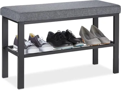 Zdjęcie produktu dla Półka na buty - 1 przegroda - Stojak na buty z poduszką - Tapicerowany - 50,5 x 81 x 32 cm - Ławka do przedpokoju - Czarna - Szara