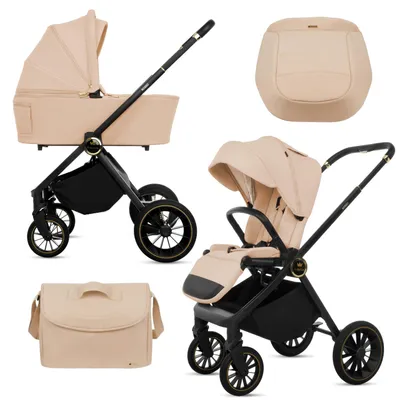 Zdjęcie produktu dla BabyLux® Wielofunkcyjny Wózek Dziecięcy 2w1 ROSSO, Kolor Beżowy, Gondola i Spacerówka z Akcesoriami, Lekki i Kompaktowy, Składany Aluminiowy Stelaż