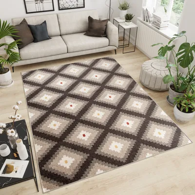 Produktbild von Teppich Wohnzimmer Schlafzimmer Kurzflor Modern Design Geometrisch Karo Kariert Braun Beige Creme Rot Gelb  60 x 100 cm
