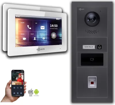 Produktbild von Türsprechanlage mit Kamera Goliath IP 2-Draht 2-Monitor Fingerprint RFID Anthrazit : Aufputzdose : 7 Zoll in Weiß Türklingel Montagedose: Aufputzdose Monitor Auswahl: 7 Zoll in Weiß