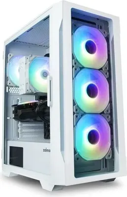 A white ZALMAN PC case with RGB fans is shown.
