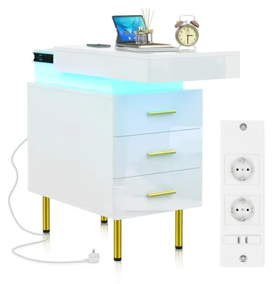 Image de Table de chevet - Table d'appoint avec station de recharge - Éclairage LED - Tiroirs et plateau coulissant - Bois - Blanc