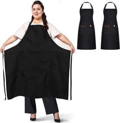Produktbild von 2 Stück Übergrößen Schürzen mit 2 Taschen, Verstellbare Kochschürzen für Männer und Frauen, Große Arbeitsschürzen für Gastronomie, Grill, Küche, Bistro, Bar, Café, Garten (Schwarz)