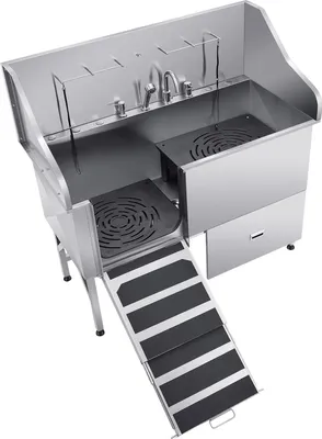 Immagine prodotto di Stazione di lavaggio per cani in acciaio inox SucceBuy, vasca per animali domestici da 1550x790x1470 mm con rampa, piastra filtrante, rubinetto, soffione e guinzaglio, adatta ad animali di tutte le taglie (porta sinistra)