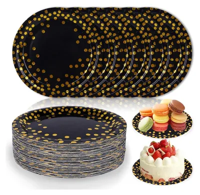 Produktbild von 50 Stück Pappteller,Einwegteller Partygeschirr 18cm Teller Einweg Pappteller Kindergeburtstag,Papierteller Einweggeschirr Halloween Geschirr,Pappteller Geburtstag (Schwarzgold)