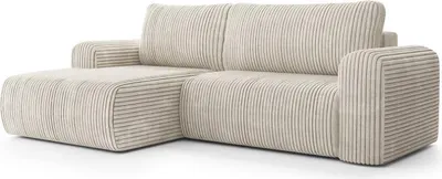 A beige corduroy sectional sofa is shown from a side angle against a white background.