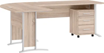 A light wood-colored L-shaped desk with a gray metal frame and a rolling three-drawer cabinet.