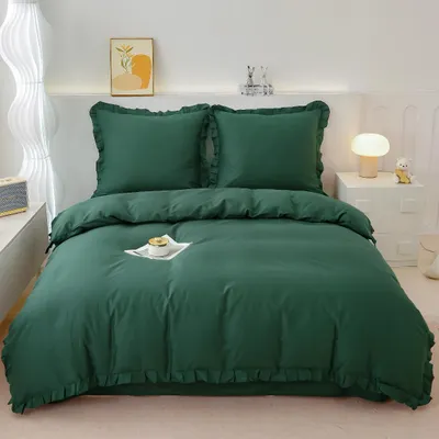Produktbild von Premium-Bettwäscheset aus Baumwolle 140x200 mit grünen Rüschen
