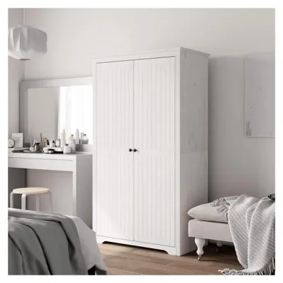 Produktbild von Kleiderschrank BODO Weiß 99x53,5x173 cm Massivholz Kiefer Garderobenschrank mit Kleiderstange und Türen
