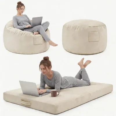 Produktbild von Sitzsack - 2-in-1 Memory Foam - 120 cm - Umwandelbar zum Sitzsackbett - Waschbarer Samtbezug - Cremeweiß