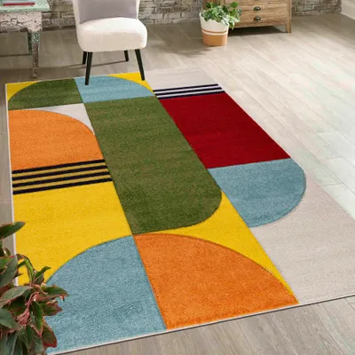 Image de Tapis à poils courts Mazovia - Tapis géométrique coloré pour le salon, la chambre à coucher, la chambre des jeunes - 80x150 cm