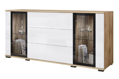 Image de MINIO go for it Commode, "FARO", 150 cm, 2 portes, 3 tiroirs, avec éclairage LED, chêne Wotan / blanc brillant