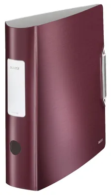 A burgundy binder with a silver top and a silver metal lever arch mechanism on the side.