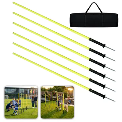 Produktbild von UISEBRT Slalomstangen-Set mit 6 Trainingsstangen, 150 cm, fluoreszierend gelb, witterungsbeständiger Kunststoff mit 10 cm Metallspitze inkl. Tragetasche