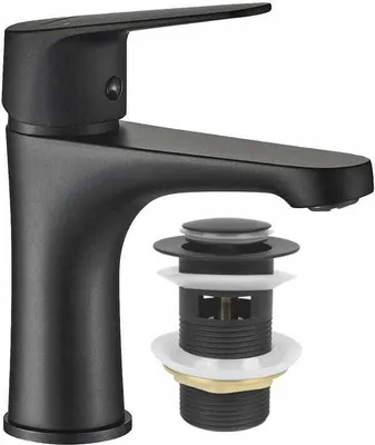 A black freestanding washbasin mixer tap with a click-clack drain plug.