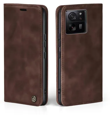 A brown flip case for a smartphone is shown from two angles.